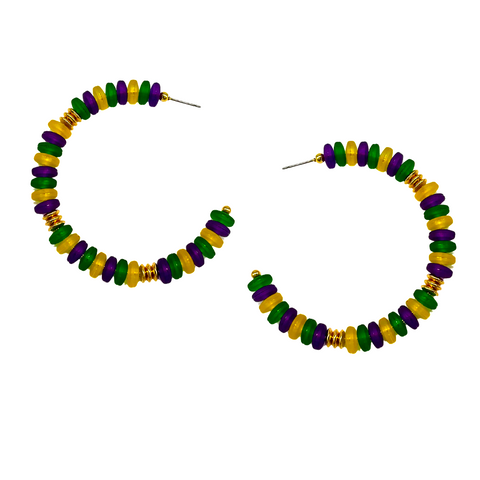 Mixed Purple, Yellow, and Green Mardi Gras Hoop Earrings (Pair)