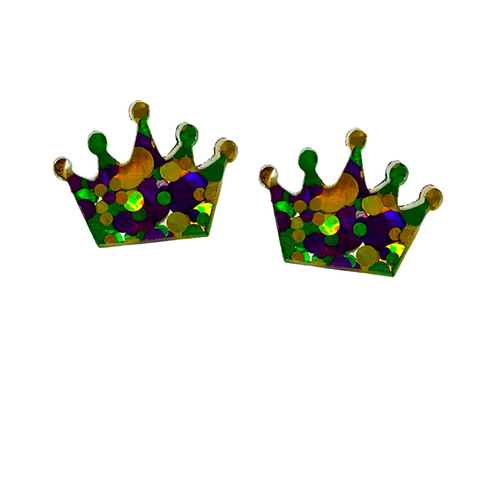 Mardi Gras Crown Glitter Resin Earrings (Each)