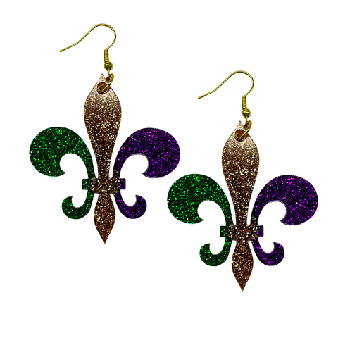 Large Purple, Green, and Gold Fleur De Lis Glitter Resin Earrings (Each)