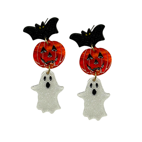 Halloween Bat, Pumpkin, & Ghost Glitter Resin Dangle Earrings (Each)