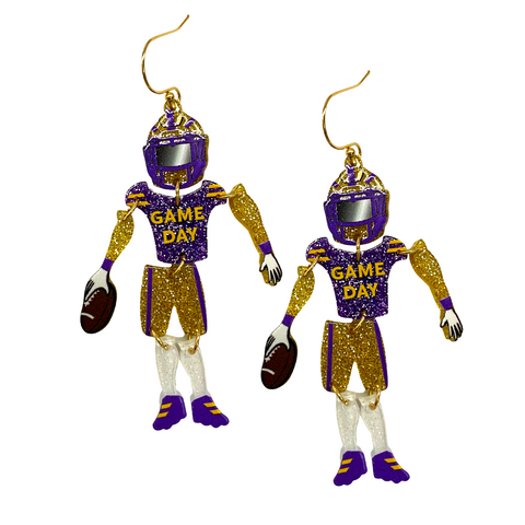 Purple and Gold Football Player Dangle Earring (Each)