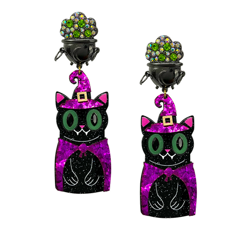 Halloween Witch Cat Dangle Earrings (Each)