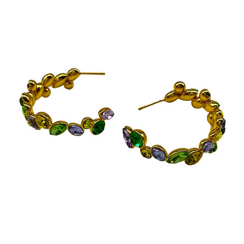 Purple, Green, & Gold Gem Hoop Earrings (Each)