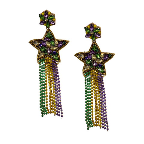 Purple, Green, & Gold Gem Tassel Earrings (Each)