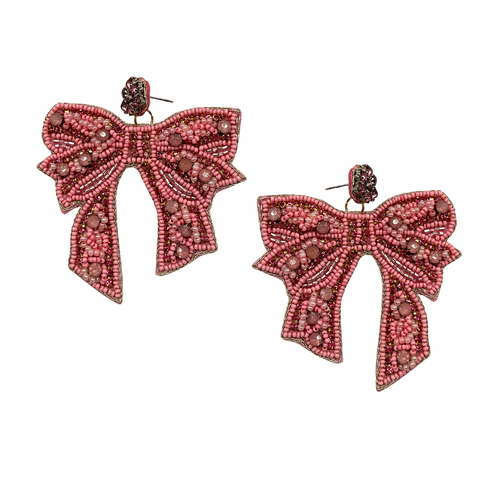 Pink Beaded Bow Earrings (Each)