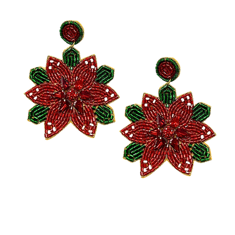 Red & Green Christmas Poinsettia Beaded Earrings (Each)