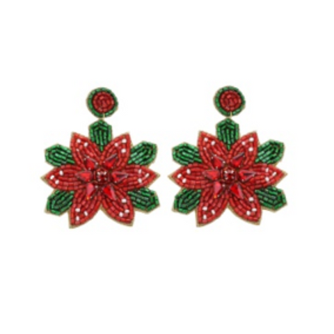 Red & Green Christmas Poinsettia Beaded Earrings (Each)