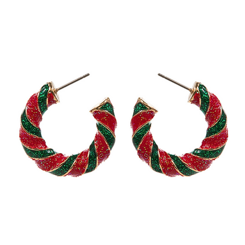 Red & Green Christmas Candy Cane Hoop Earrings (Pair)