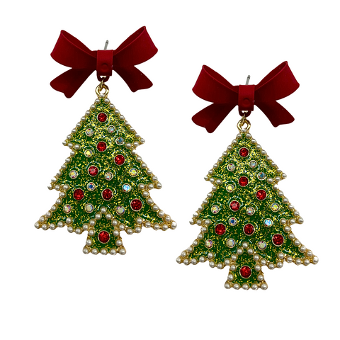 Christmas Tree with Red Bow Earrings (Pair)