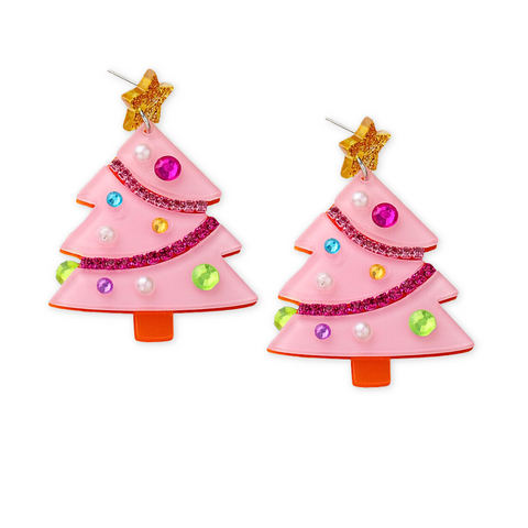 Glitter Pink Christmas Tree Earrings (Pair)