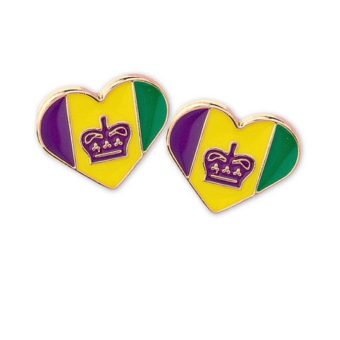 Mardi Gras Fleur de Lis Heart Stud Earrings (Pair)