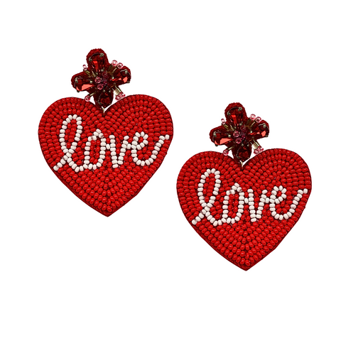 Red Love Heart Shape Seed Beaded Earrings (Pair)