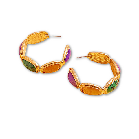 Mardi Gras Stone Oval Hoop Earrings (Pair)