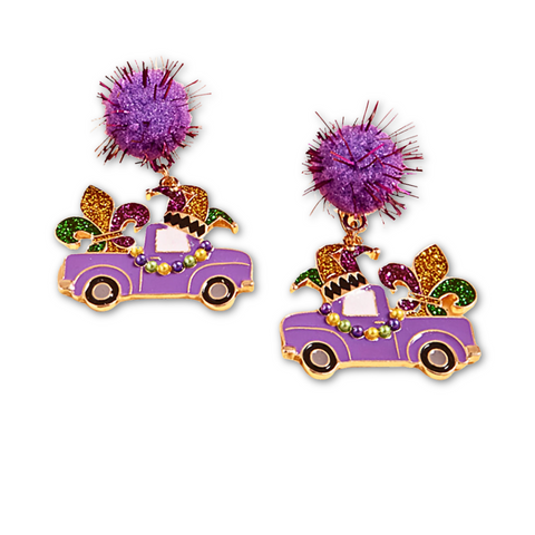 Purple Mardi Gras Truck Glittered Pom Dangle Earrings (Pair)