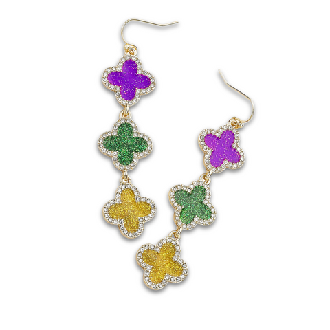 Purple, Green, & Gold Mardi Gras Clover Dangle Earrings (Pair)