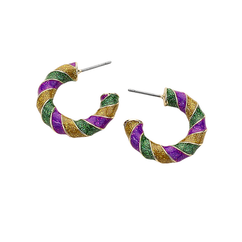 Mardi Gras Twisted Glitter Small Hoop Earrings (Pair)