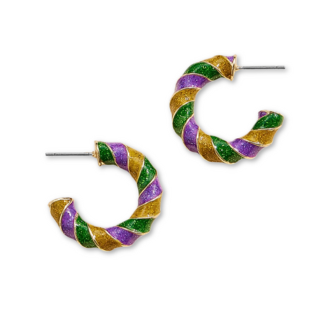 Mardi Gras Twisted Glitter Medium Hoop Earrings (Pair)