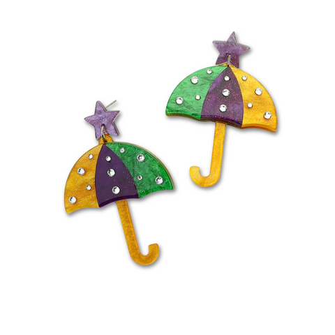 Mardi Gras Glittered Umbrella Dangle Earrings (Pair)