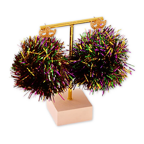 Mardi Gras Oversized Tinsel Pom Pom Earrings (Pair)