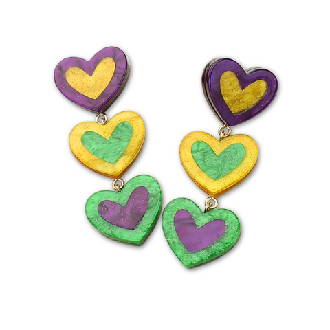 Mardi Gras Glittered Triple Heart Earrings (Pair)