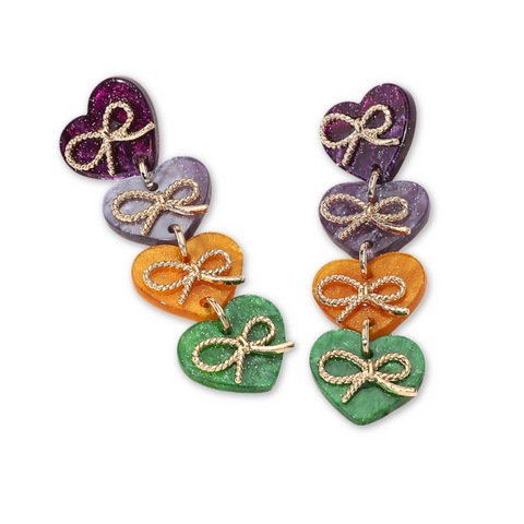 Mardi Gras Bow Hearts Dangle Earrings (Pair)