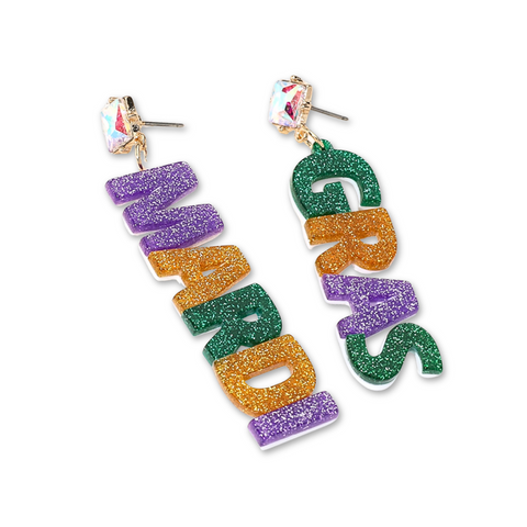 Mardi Gras Glittered Letters Dangle Earrings (Pair)