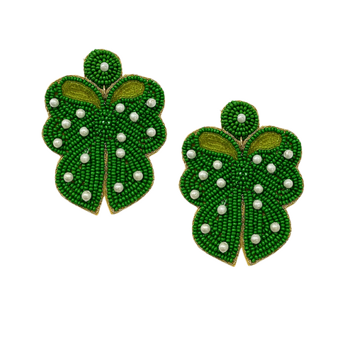 Green Beaded Bow Earrings (Pair)