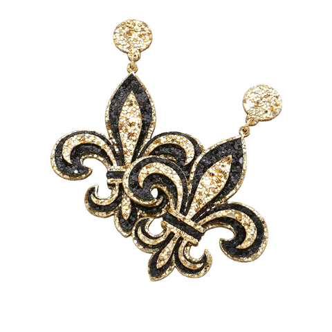 Black and Gold Glittered Fleur de Lis Dangle Earrings (Pair)