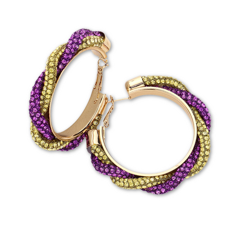 Purple and Gold Rhinestone Twisted Hoop Earrings (Pair)
