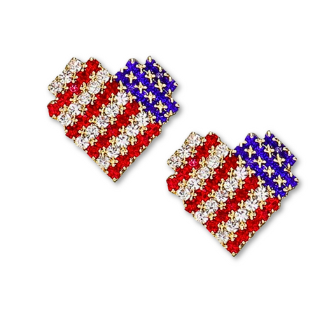 American Flag Rhinestone Heart Stud Earrings (Pair)