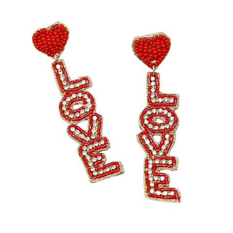 Red Seed Bead Love Earrings (Pair)