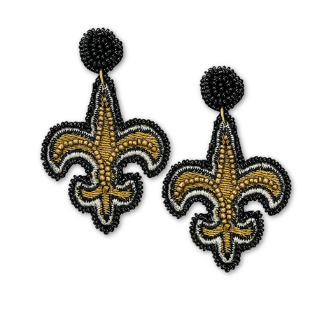 Black and Gold Beaded Fleur de Lis Earrings (Pair)