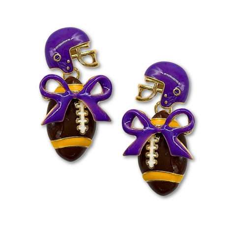 Purple and Gold Football and Bows Earrings (Pair)
