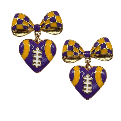 Purple and Gold Football Heart and Bows Earrings (Pair)
