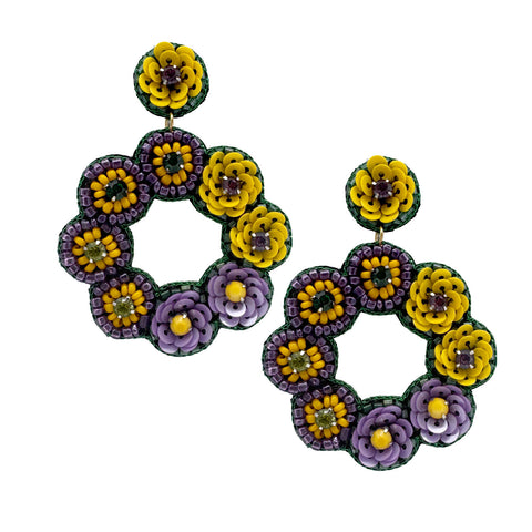 Purple, Green and Yellow Beaded Flower Earrings (Pair)