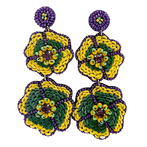 Purple, Green and Yellow Beaded Flowers Drop Earrings (Pair)