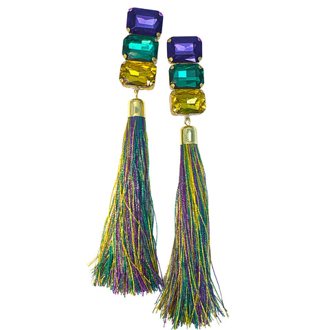 Purple, Green and Yellow Gem Stone Tassle Earrings (Pair)