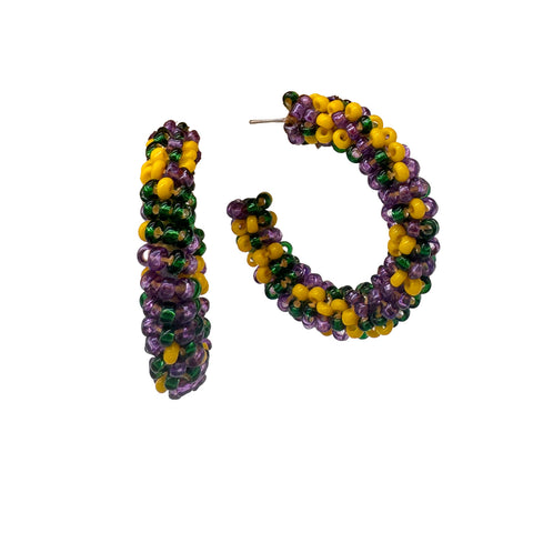 Purple, Green and Yellow Beaded Flower Earrings (Pair)