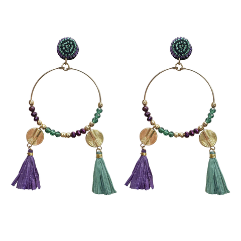Gold Mardi Gras Tassle Hoop Earrings (Pair)