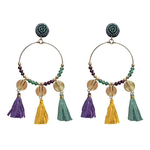 Gold Mardi Gras Tassle Hoop Earrings (Pair)