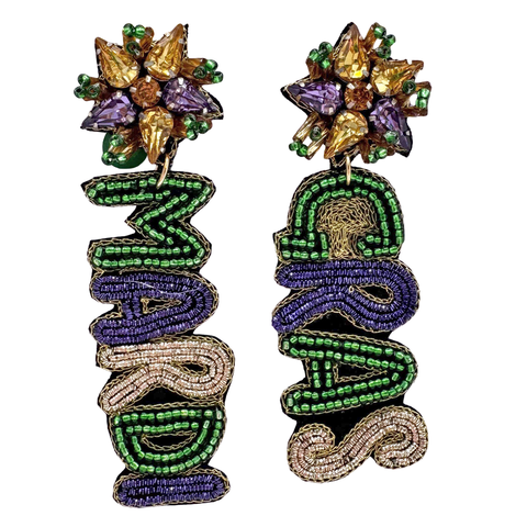 Purple, Green and Yellow Mardi Gras Beaded Drop Earrings (Pair)