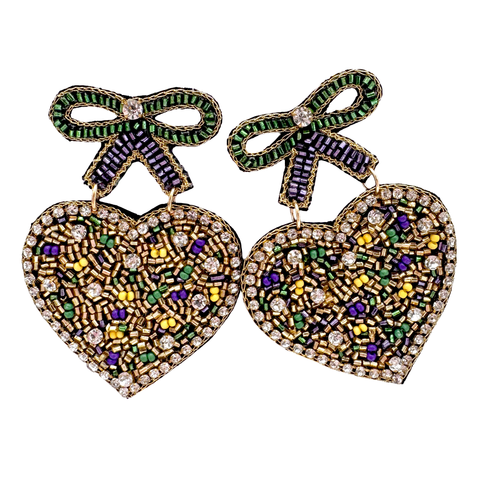 Mardi Gras Heart with Bow Beaded Earrings (Pair)