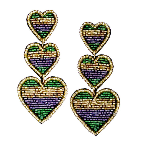 Mardi Gras Triple Heart Beaded Earrings (Pair)