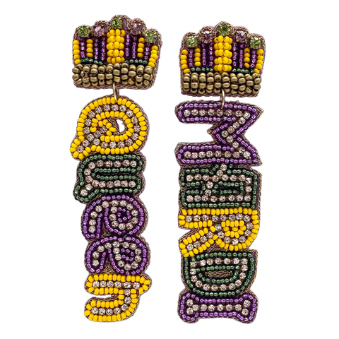 Purple, Green and Yellow Mardi Gras Beaded Earrings (Pair)