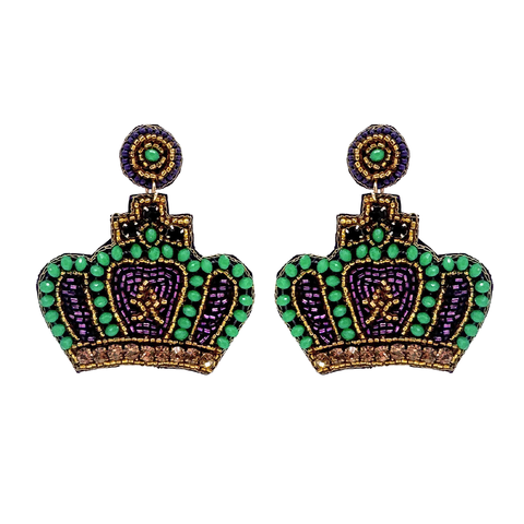 Mardi Gras Beaded Crown Earrings (Pair)