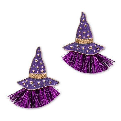 Purple Halloween Witch Hat with Tassles Earrings (Pair)