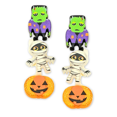 Halloween Frankenstein, Mummy, and Pumpkin Stud Earrings (Set of 3 Pairs)