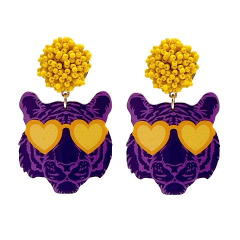 Purple and Yellow Tiger Heart Eyes Earrings (Pair)