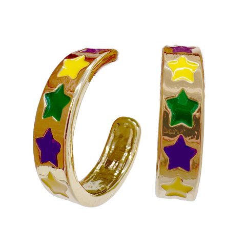 Purple, Yellow, and Green Star Hoop Earrings (Pair)