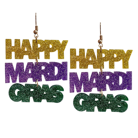 Happy Mardi Gras Glittered Drop Earrings (Pair)